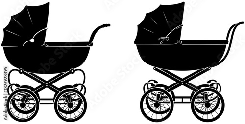 Two vintage baby prams or strollers, black silhouettes with classic designs