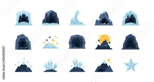 Collection of cave and mountain icons featuring crystal and ice elements