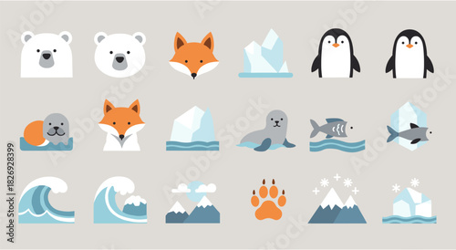 Cute arctic wildlife icons featuring polar bears, foxes, penguins, and more