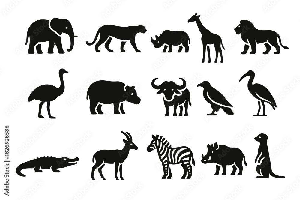 Naklejka premium Silhouettes of african wildlife animals in black icons