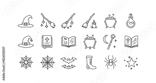 Halloween icons: simple witchcraft symbols including wands, spiders, and potions