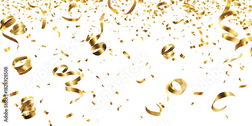 Golden confetti falling transparent background. Festive golden confetti and ribbons celebration background design. Gold confetti and streamers celebration background. 