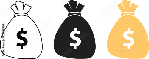 Money bags with dollar signs representing wealth and financial growth vector icons. Money bag icon duo outline and filled styles perfect for banking, savings, finance apps, logos, and web design.