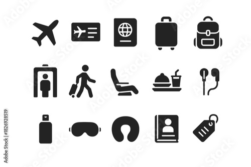 Travel icons: airplane, passport, luggage, headphones, neck pillow, meal tray, security