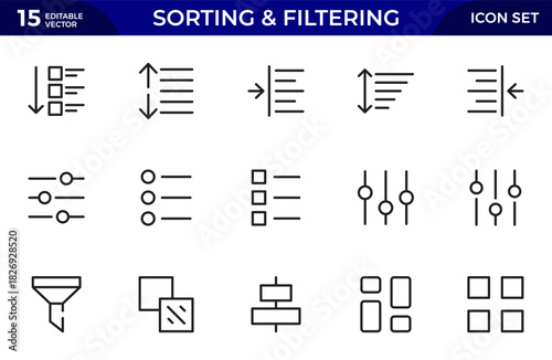 sorting and filtering related linear icons on white background. Templates of data processing, structure order, digital management and other icons for business. Flat cartoon vector illustration.