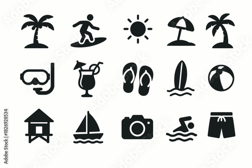 Summer vacation icons collection: beach, surf, and relaxation symbols set