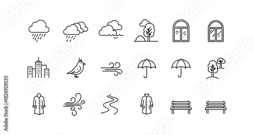Minimalist weather and nature icons collection with clouds, trees, and urban elements