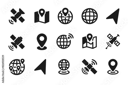 Set of gps and navigation icons including satellite, map, and globe symbols