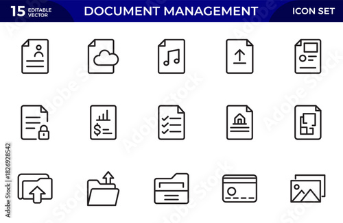 Document Management Icon Set. Streamlined icons for organizing, storing, and sharing files, perfect for productivity apps. Thin outline icons pack. Vector illustration