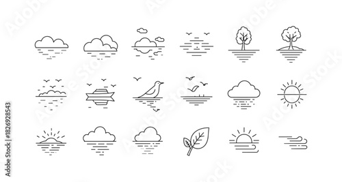 Minimalist linear nature icons set with clouds, trees, and sun
