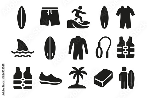 Surfing equipment icons: board, wetsuit, life vest, surfboard, jump rope