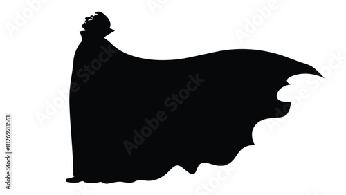Dramatic black silhouette of a vampire figure looking upward with a dramatically flowing, wide cape, gothic horror vector art, logo design, isolated on white background