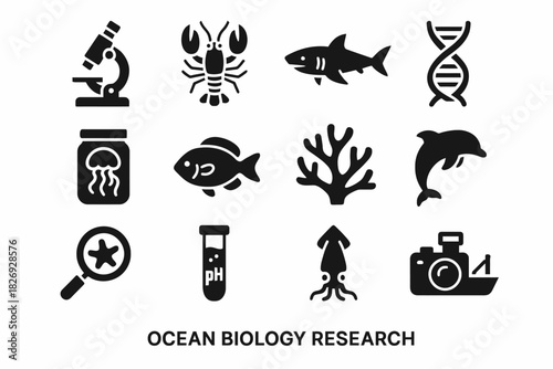 Ocean biology research icons: marine life, microbiology, conservation