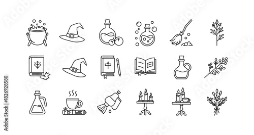 Magical icons set featuring witchcraft items and potions in line art style