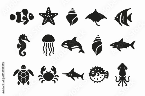 Marine animal silhouettes collection: fish, turtle, jellyfish, seahorse, shark icons