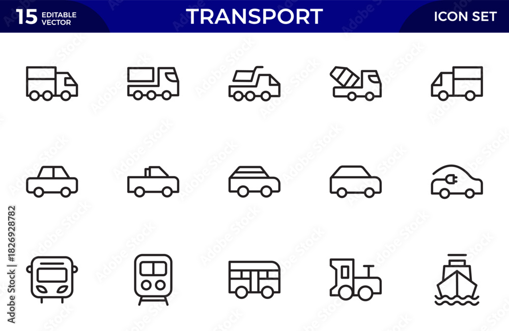 Fototapeta premium Transport line icon set. Containing distribution, shipping, transportation, delivery, cargo, freight, supply chain, export. Thin outline icons pack. Vector illustration