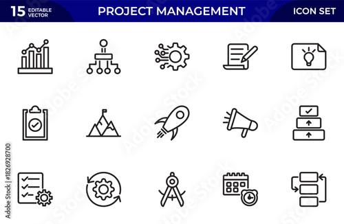 Project Management Line Icon Set. contains such icons as Project Plan, Time Management, Task List, Schedule. Thin outline icons pack. Vector illustration