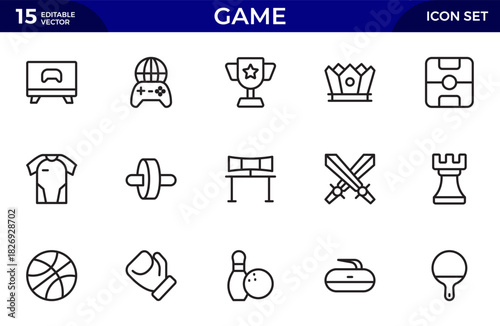 Game line icon set. Gaming icon elements containing points and life bars, console, player, chess, multiplayer, casino. Thin outline icons pack. Vector illustration