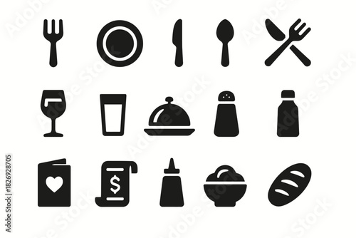 Dining icons collection: utensils, plates, drinks, and more in black silhouettes