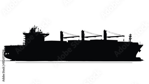 Black silhouette of a large bulk carrier cargo ship with multiple cranes, side profile view, maritime transport vector art, shipping industry icon, isolated on white background