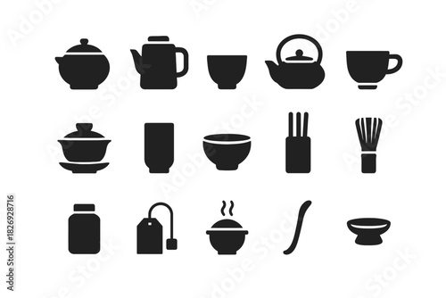 Silhouette icons of tea and coffee accessories: teapots, cups, and more