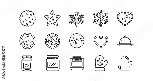 Festive baking icons: cookie, snowflake, heart, and kitchen set in simple outline style