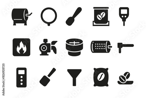 Coffee roasting equipment icons: grinder, beans, tools, and more