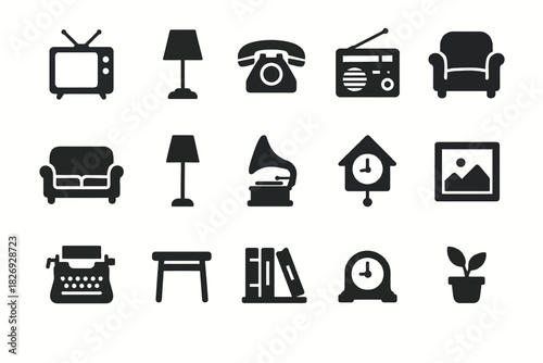 Vintage home objects icon set: tv, lamp, telephone, radio, gramophone, clock, typewriter, furniture