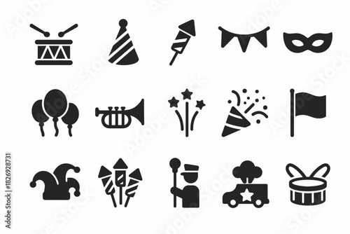 Festive icons set featuring party hats, balloons, fireworks, and musical elements
