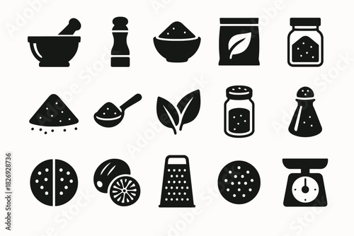 Set of spice and herb icons: mortar, grinder, leaves, jars, scales, and more