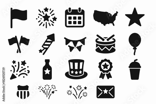 Icons celebrating american independence day: flags, fireworks, and patriotic symbols
