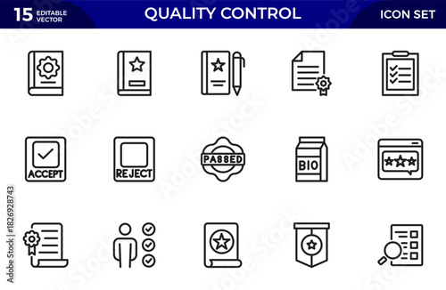 Quality Control line icon set. Included the icons as inspect, QA, qualify, quality control, check, verify. Thin outline icons pack. Vector illustration