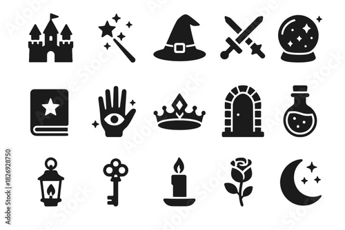 Magical fantasy icons set: castle, wand, hat, swords, crystal ball, book, and more