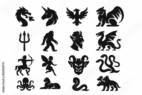 Silhouettes of mythical creatures: dragons, unicorns, and more