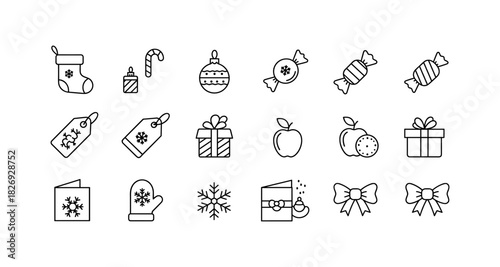 Minimalist christmas icons: festive gifts, ornaments, and winter elements in line art