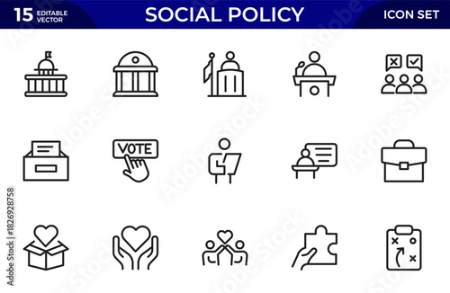 Social Policy line icon set. icons related to education, reform, services, welfare, health care, legislation, society. Thin outline icons pack. Vector illustration