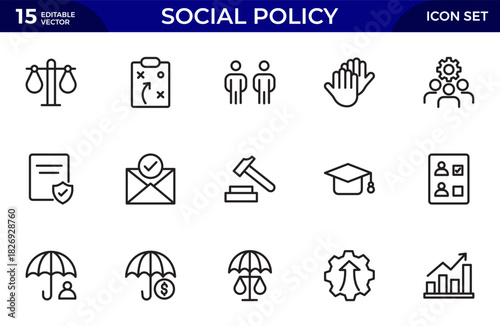 Social Policy line icon set. icons related to education, reform, services, welfare, health care, legislation, society. Thin outline icons pack. Vector illustration