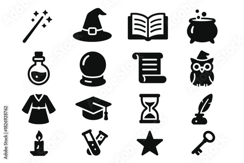Magic and wizardry icons set: wand, hat, book, cauldron, potion, crystal ball, scroll, owl