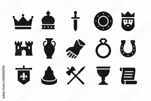 Medieval icon set: crown, sword, castle, and more symbols of the middle ages