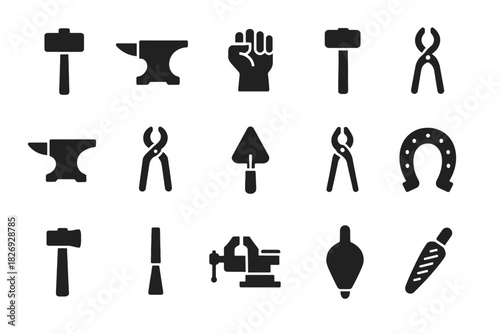 Collection of blacksmith and construction tool icons in black silhouette style