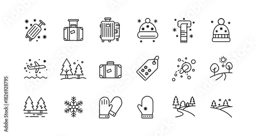 Minimalist winter travel icons set including luggage, mittens, and snowflakes in linear style