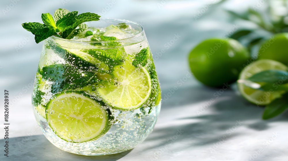 Fototapeta premium Refreshing sparkling beverage garnished with fresh mint leaves and bright citrus slices sits on a sunlit surface