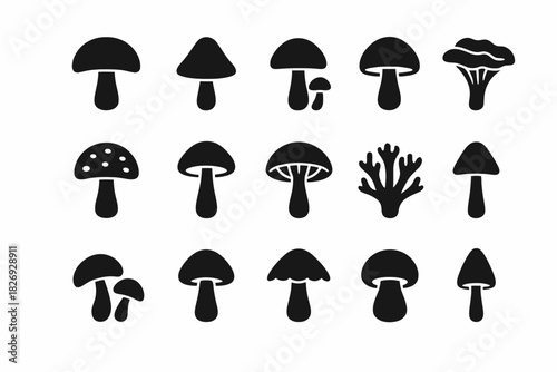 Silhouette collection of various mushroom shapes in black
