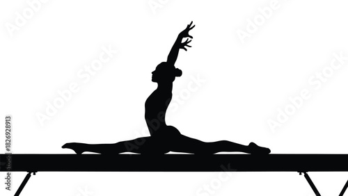 Silhouette of female gymnast performing a perfect split leap pose on a balance beam, elegant body position, vector art, sport concept, isolated on white background