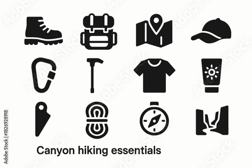 Canyon hiking essentials icons: boots, backpack, map, cap, carabiner, shirt, sunblock, knife, rope, compass