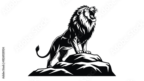 Majestic roaring male lion standing proudly on jagged rock formation, powerful silhouette vector art, emblem or logo design, isolated on white background