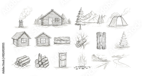 Rustic cabin and wilderness sketches: hand drawn elements of nature and timber