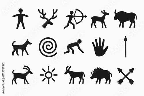 Collection of ancient petroglyph symbols depicting animals and humans