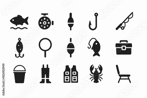 Fishing icons: equipment and tool symbols for anglers