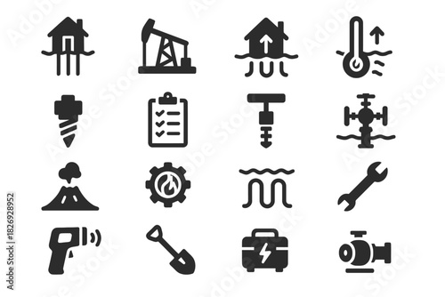 Set of energy and industrial icons including oil rig and heating systems